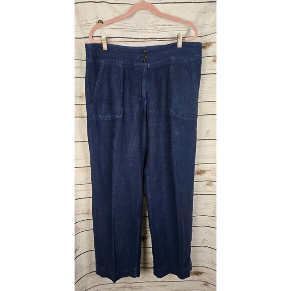 Poetry Pants - Poetry Navy Blue 100% Linen Pants US 12 Wide Leg Womens Porkchop Pockets